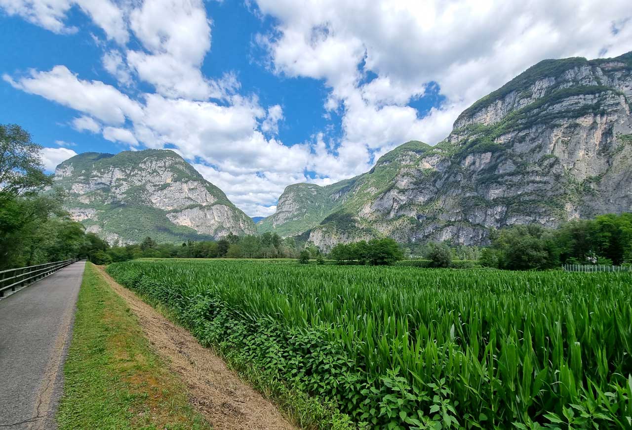 Valsugana valley Cycling Path with mountain backdrop