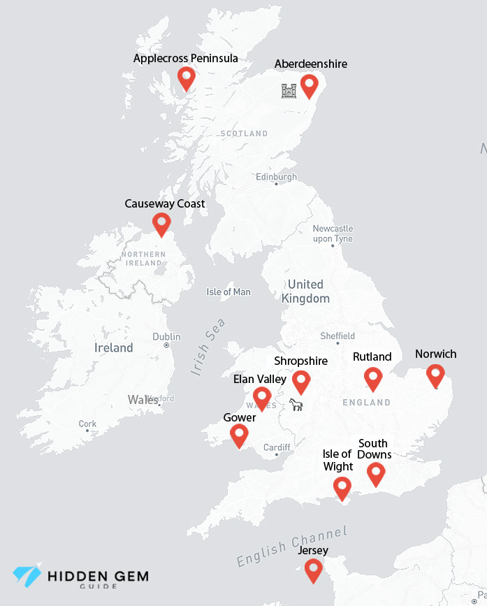 Map showing hidden gem UK destinations including Mid-Wales, Rutland, Aberdeenshire, Isle of Wight and other underrated regions across Britain.