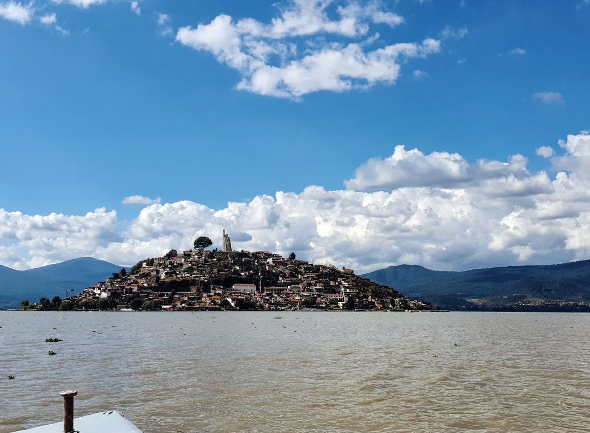 Janitzio Island panorama from the lake boat, Michoacan, Mexico
