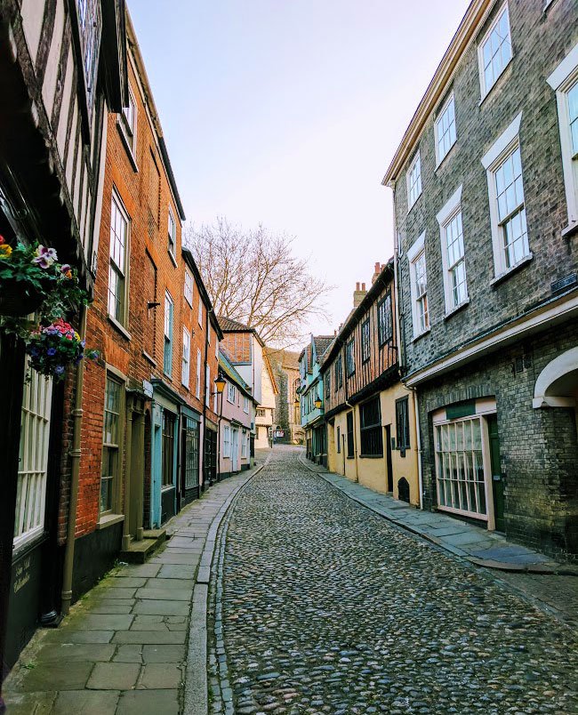 Cobbled street in Norwich Old Town, Norfolk, UK
