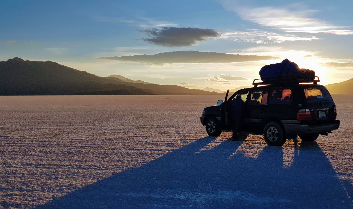 Sunset & Land Cruiser at Uyuni Salt Flats, Bolivia