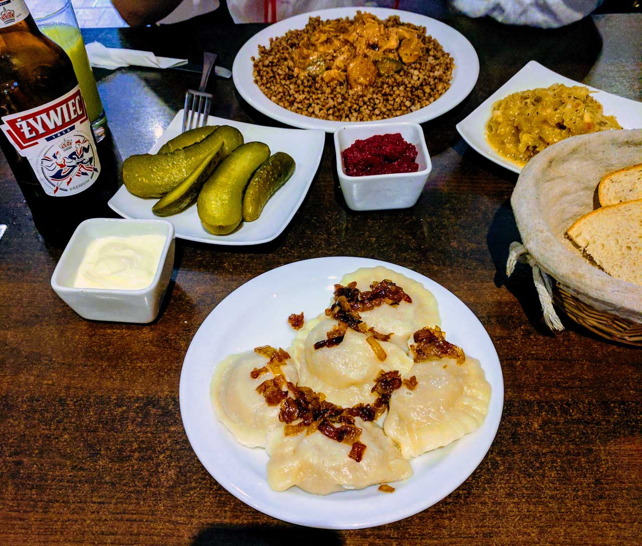 Pierogi and buckwheat stroganoff at Autograf Polish Restaurant, London