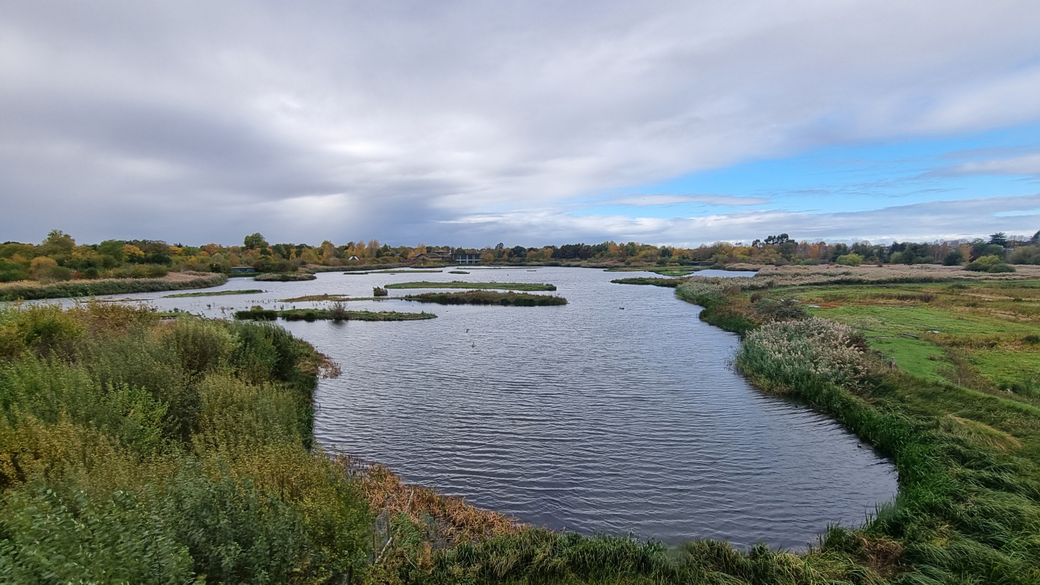 Panorama of lakes of London Wetland Centre from Peacock Tower, Barnes, London