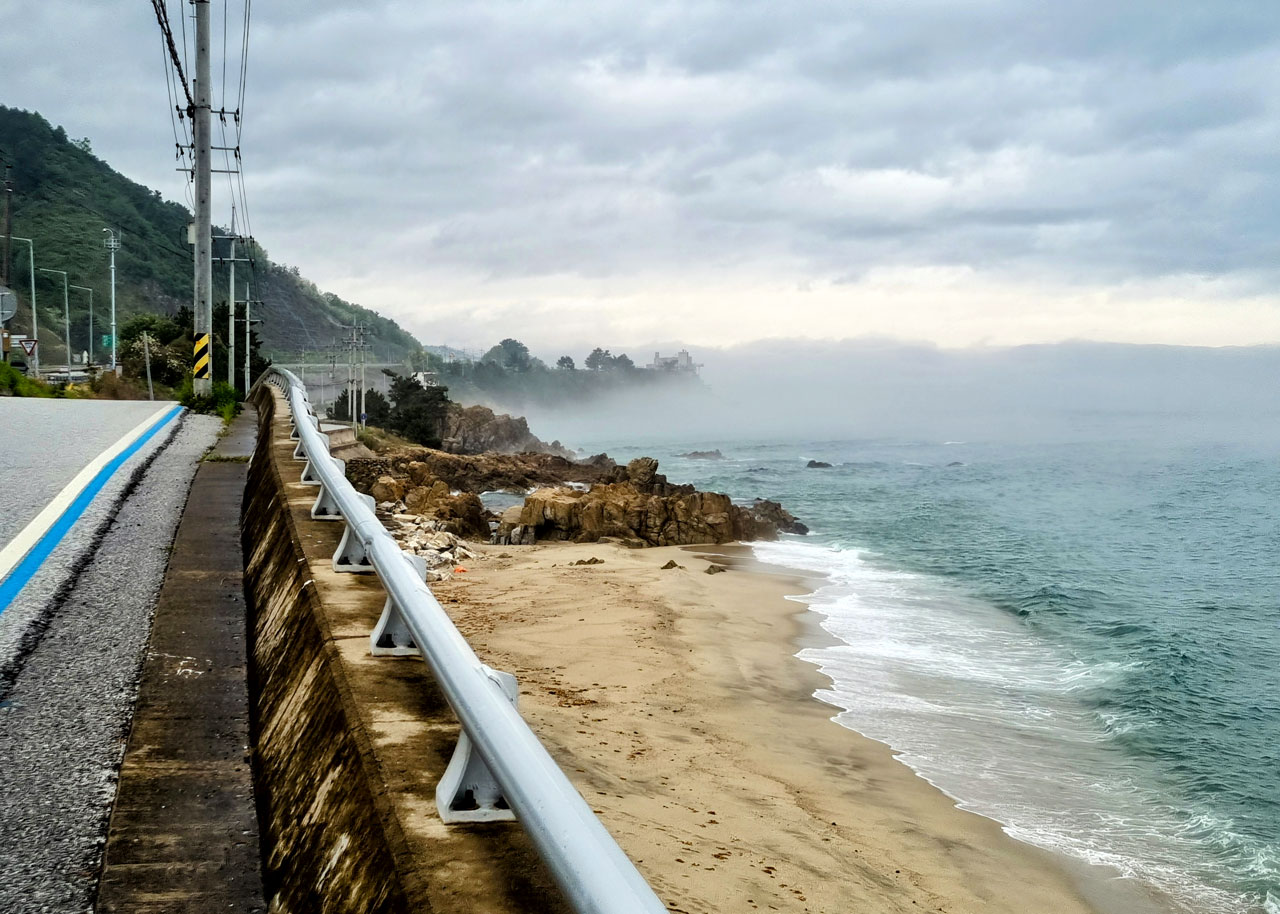 Seaside and beach road on East Coast Cycling Route, South Korea
