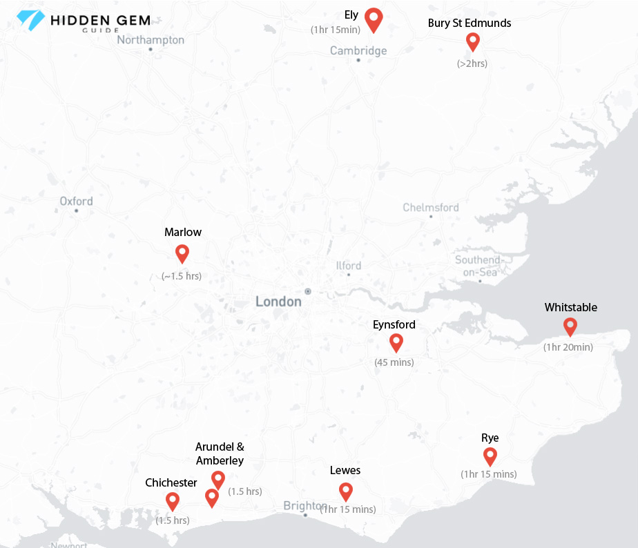 Map of hidden gem day trip destinations from London by train