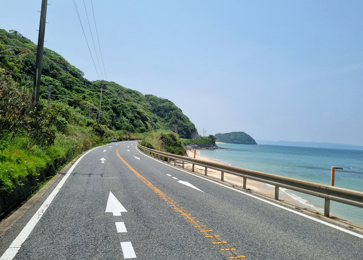 Seaside road and sandy beach near Fukuoka