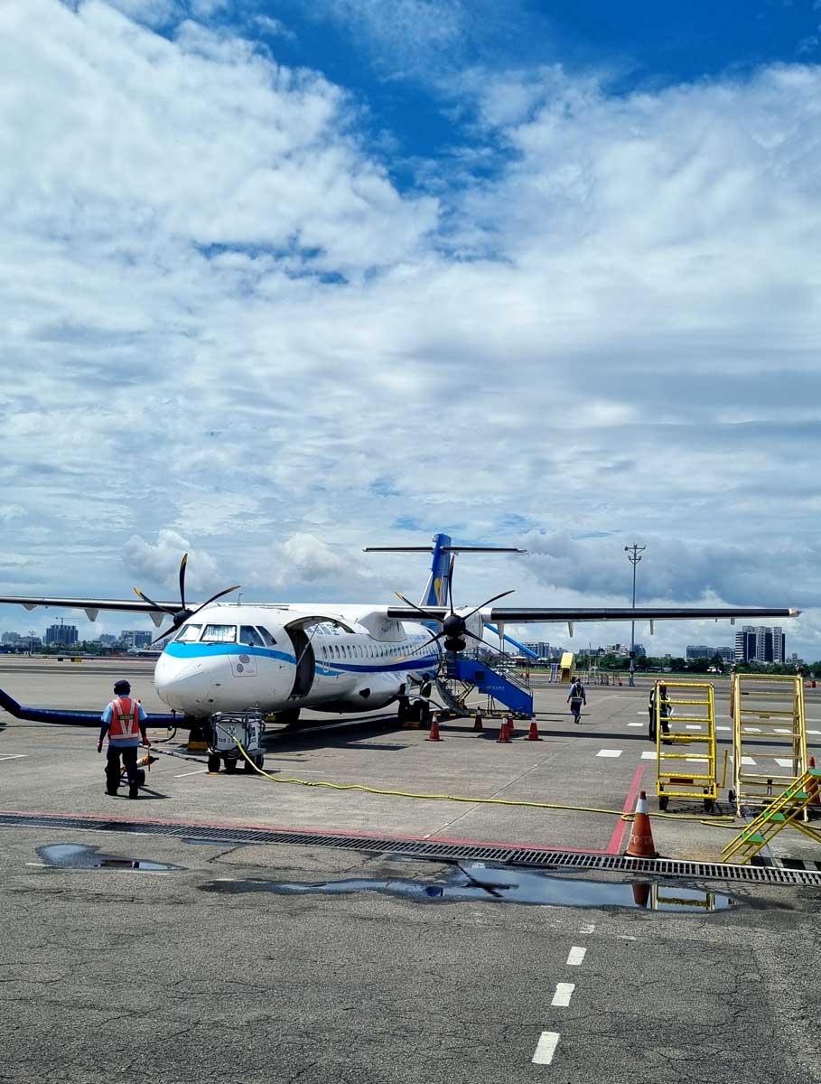 Mandarin Airlines ATR-72 airplane to Penghu boarding at Kaohsiung Airport