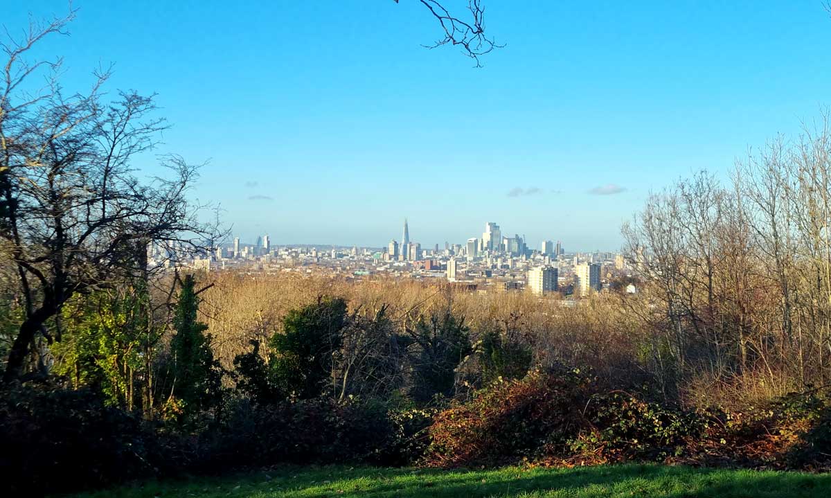 London skyline panoramic viewpoint from One Tree Hill, Nunhead, London