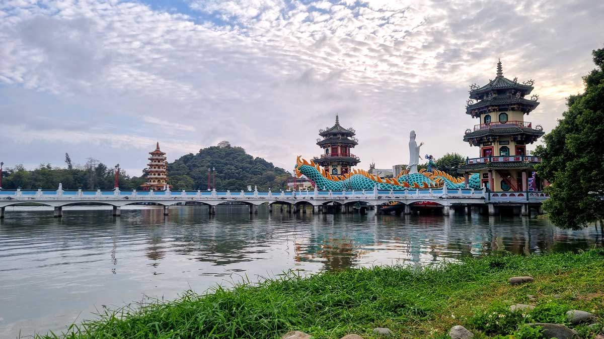 Pagodas and dragon statue in Lotus Pond, Kaohsiung, Taiwan